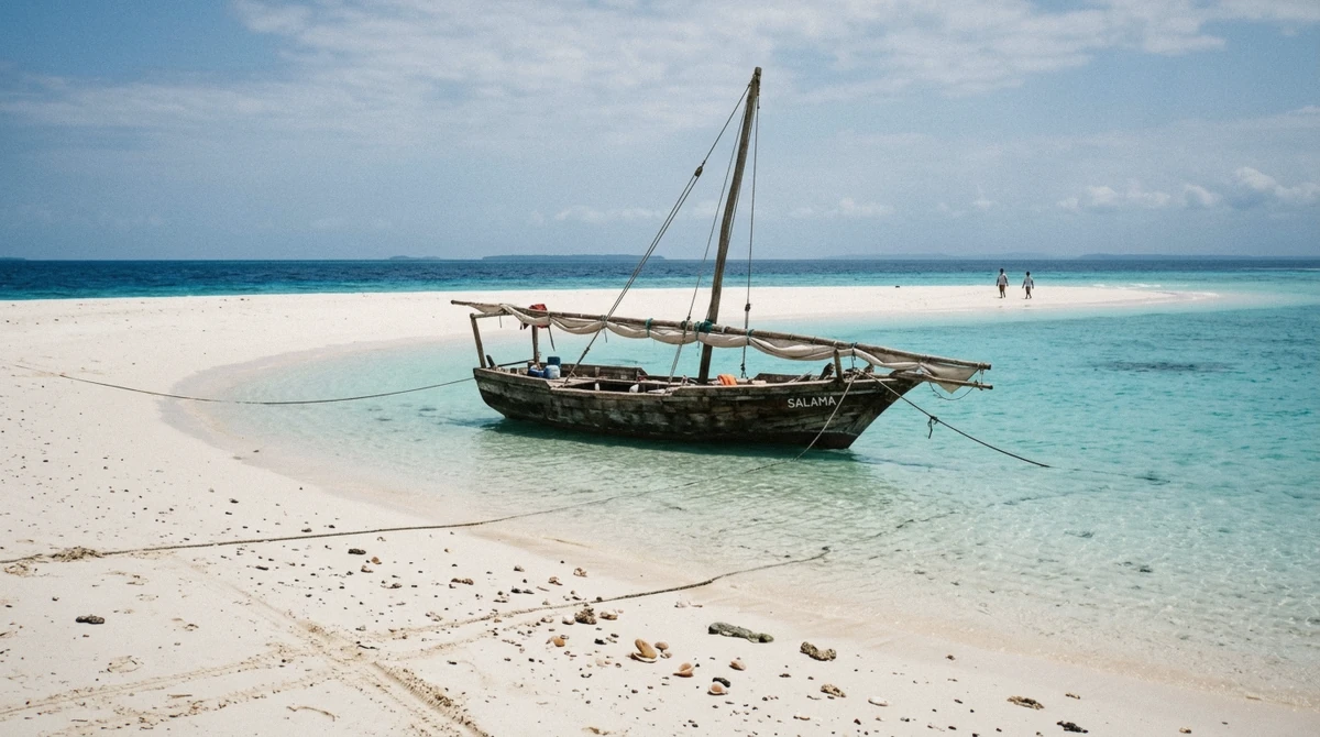 Traditional wooden dhow anchored off a white sandbank at low tide during a snorkeling in Zanzibar day trip