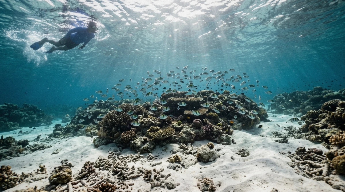 Snorkeler above a coral head with sergeant majors and blue surgeonfish while snorkeling in Zanzibar at Mnemba Atoll