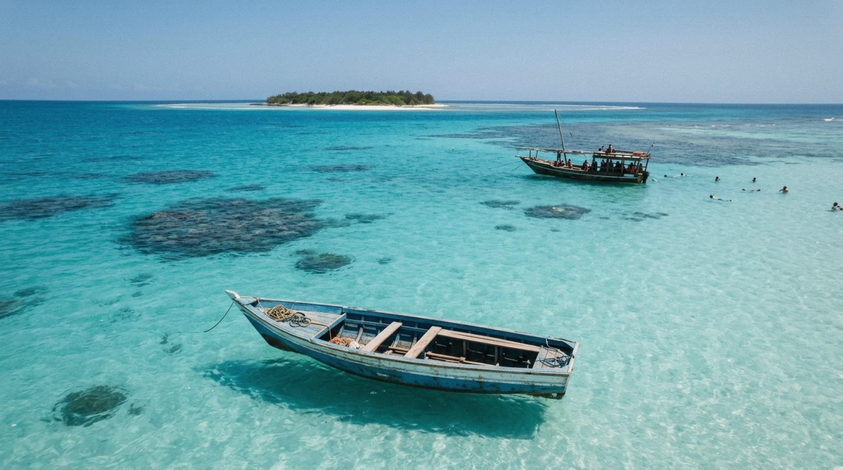 An empty private snorkeling boat deck moored near Mnemba Atoll, illustrating the shared vs private snorkeling tour Zanzibar choice