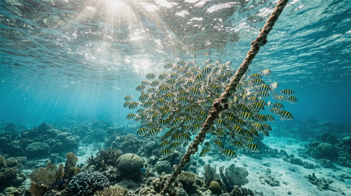 Sergeant majors over shallow coral in the clear water of the dry-season window for snorkeling in Zanzibar